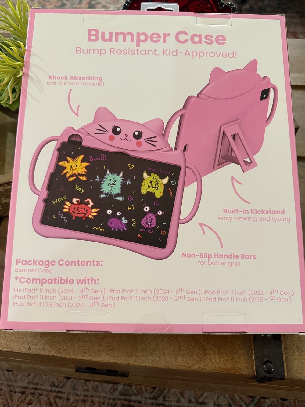 Kids Pink Cat Bumper Case with Handles and Kickstand